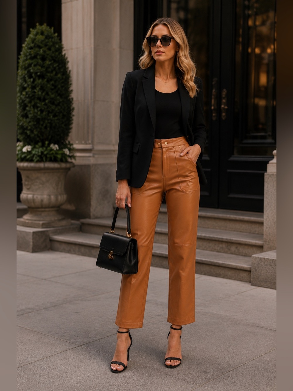 Blank NYC Vegan Leather Pants Tan High Rise Cropped Straight Leg Chic Luxe Pants - Picture 3 of 7